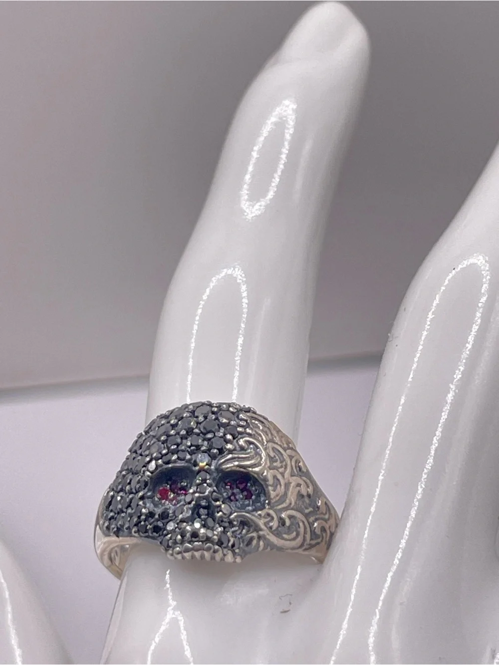 David Yurman Sterling Silver Skull Ring with Black Diamonds and Rubies